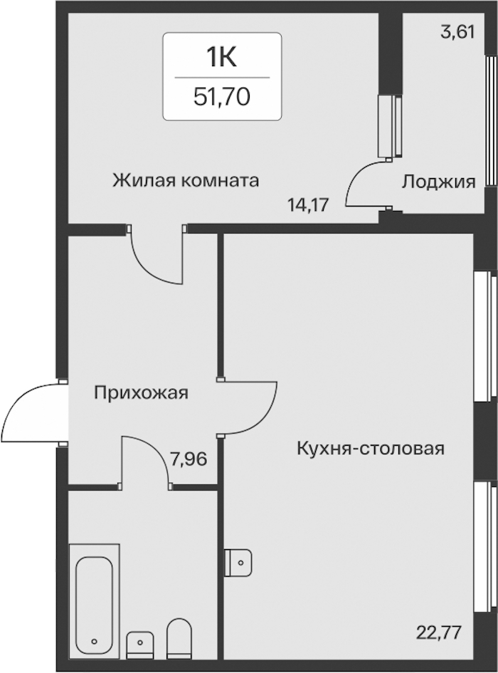 1-комнатная квартира 51.7 м², 11/11 эт., ЖК «Расцветай в Янино»